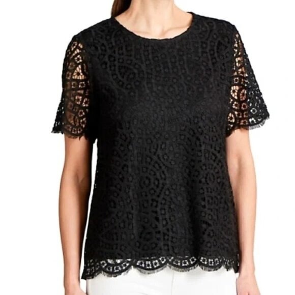 Philosophy Black Round Neck Lace Short Sleeve Blouse M - Picture 1 of 5